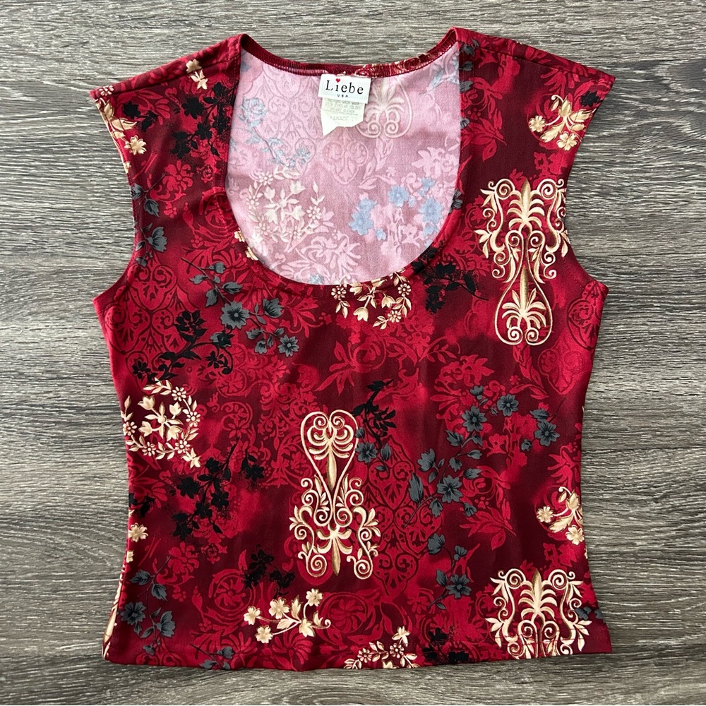 Vintage Liebe Red Floral Damask Print Top S Scoop Neck Y2K 90s Grunge Whimsygoth